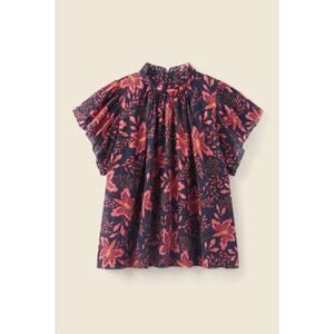 Trovata Birds of Paradise Navy Pink Geranium Carla High Neck Shirt Size Large